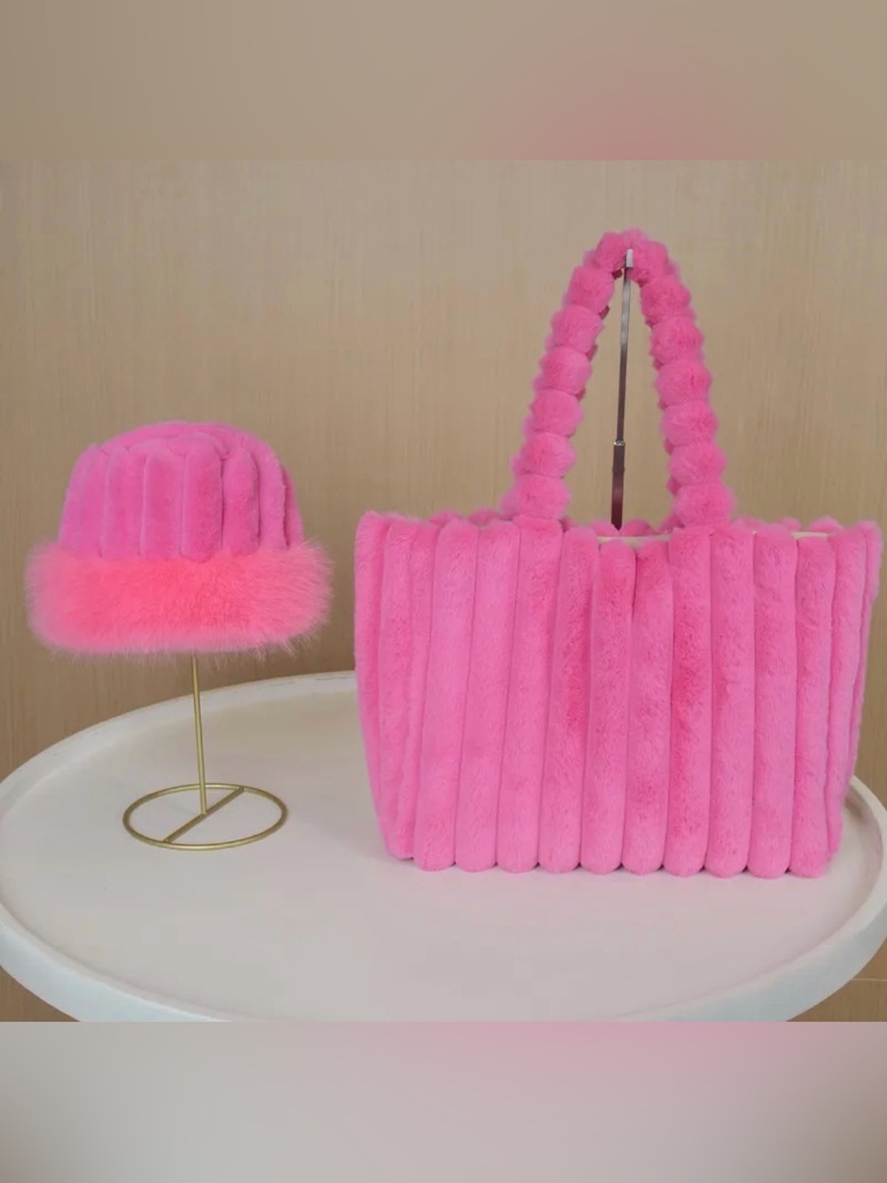 Plush Pink Faux Fur hat and Tote Bag